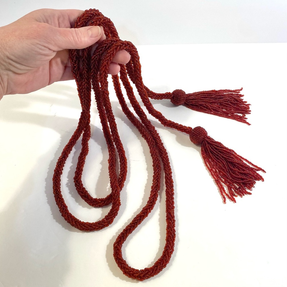 9 Ft Burgundy Red Crimson Glass Beaded Braided Garland + Tassels Holiday Decor - Picture 7 of 8
